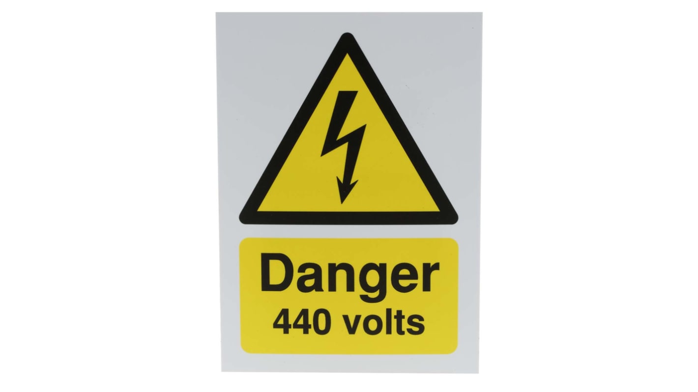 PP merev műanyag, Fekete,/sárga "Danger 440 Volts, Angol, francia Elektromos Tábla