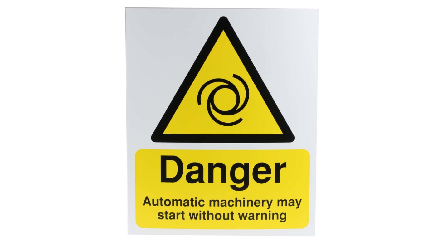 Advarselsskilt, Engelsk Danger Automatic machinery may start without warning, Sort/gul, PP, 300 mm x 250mm Generel fare