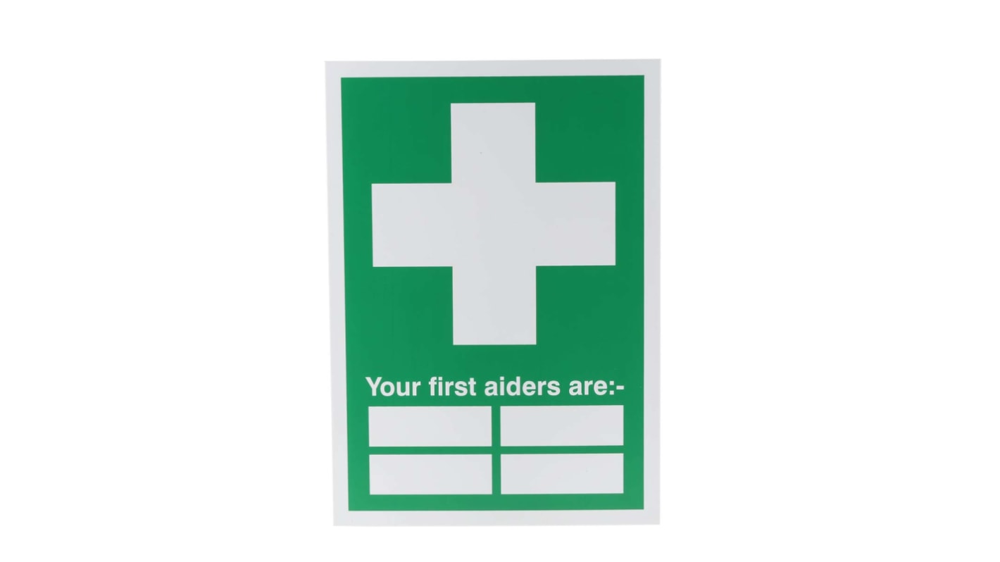 Etiqueta de primeros auxilios PP Verde/blanco, texto: Your First Aiders Are, Inglés Señal