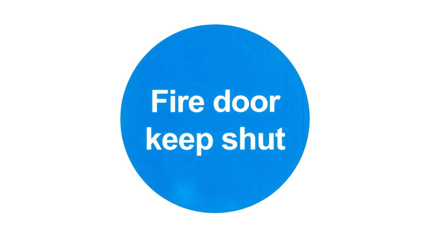 Znak BHP, tekst: "Fire door keep shut, Tworzywo sztuczne, kolor: Niebieski/biały Znak