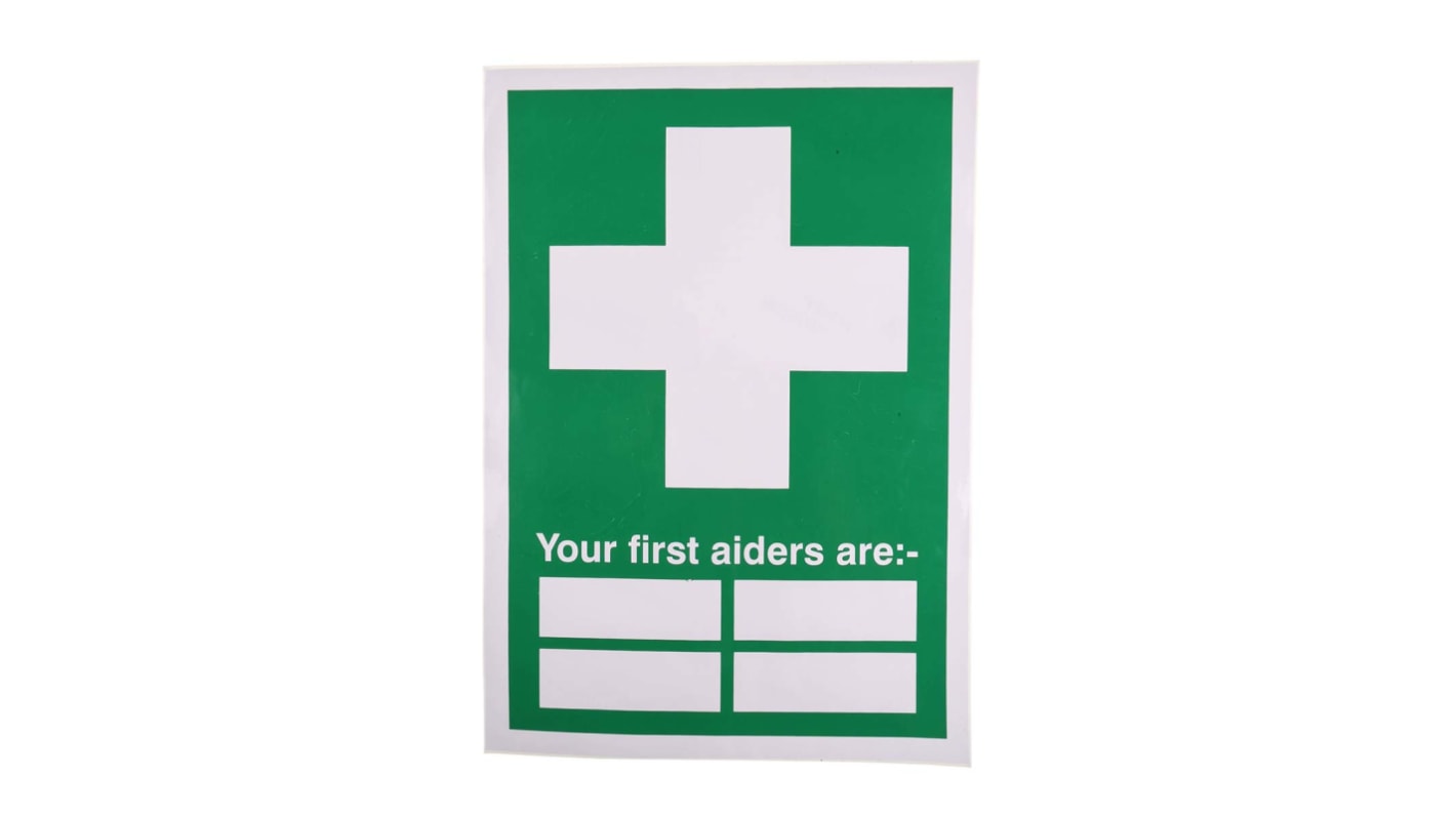 Etiqueta de primeros auxilios Vinilo Verde/blanco, texto: Your First Aiders Are, Inglés Etiqueta