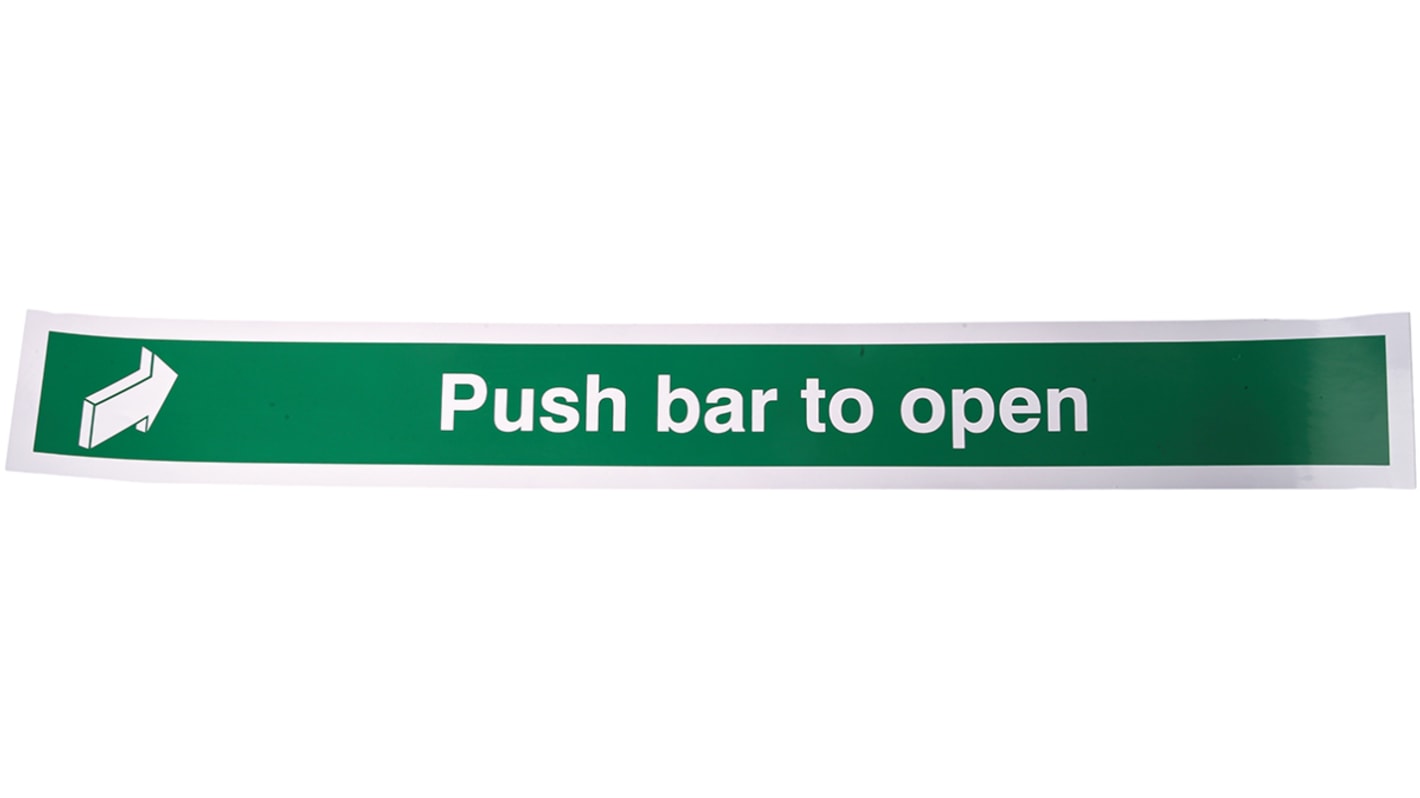 Brandsikkerhesskilt, Vinyl, Grøn/hvid, tekst: Push Bar to Open Etiket