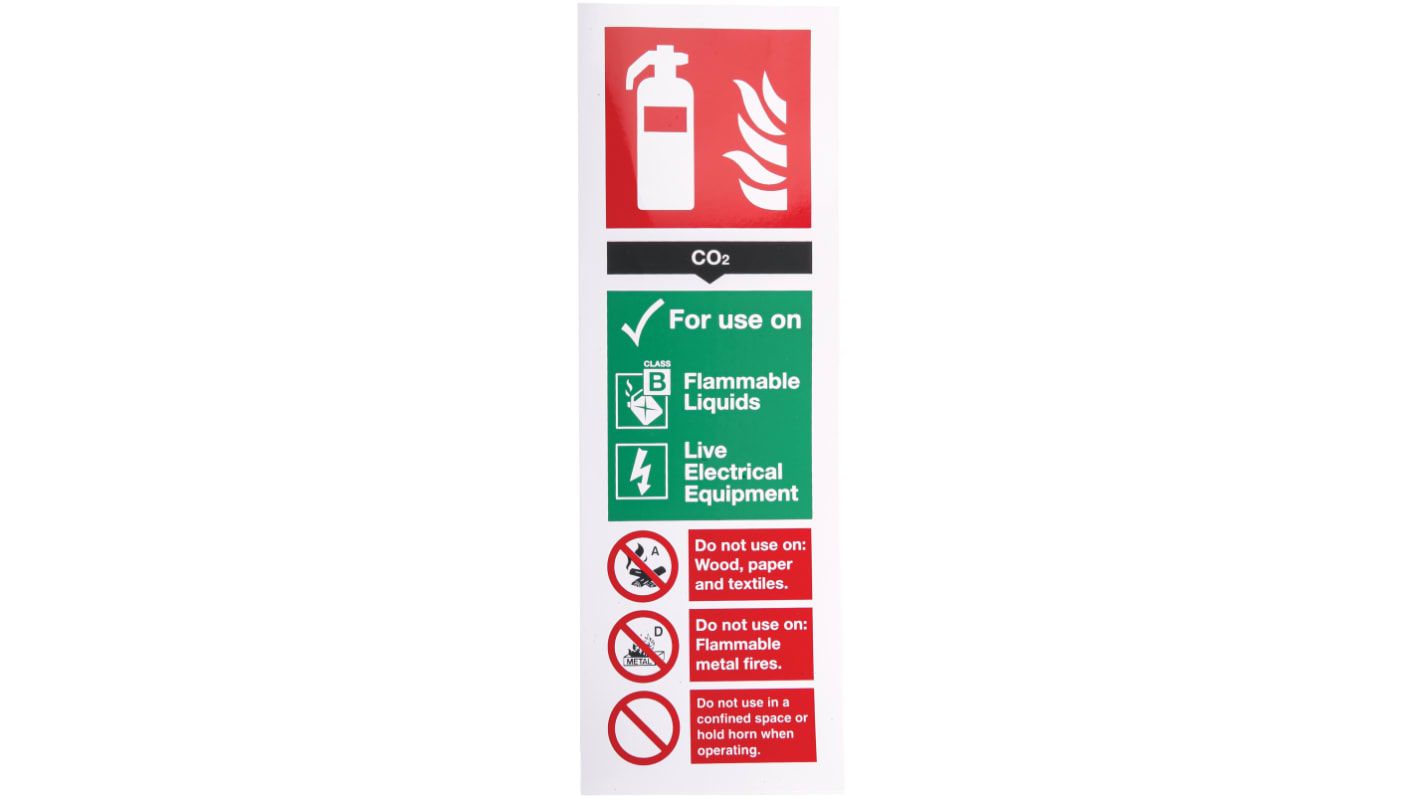 Brandsikkerhesskilt, Vinyl, Grøn/rød/hvid, tekst: For Use On - Flammable Liquids, Live Electrical Equipment Etiket