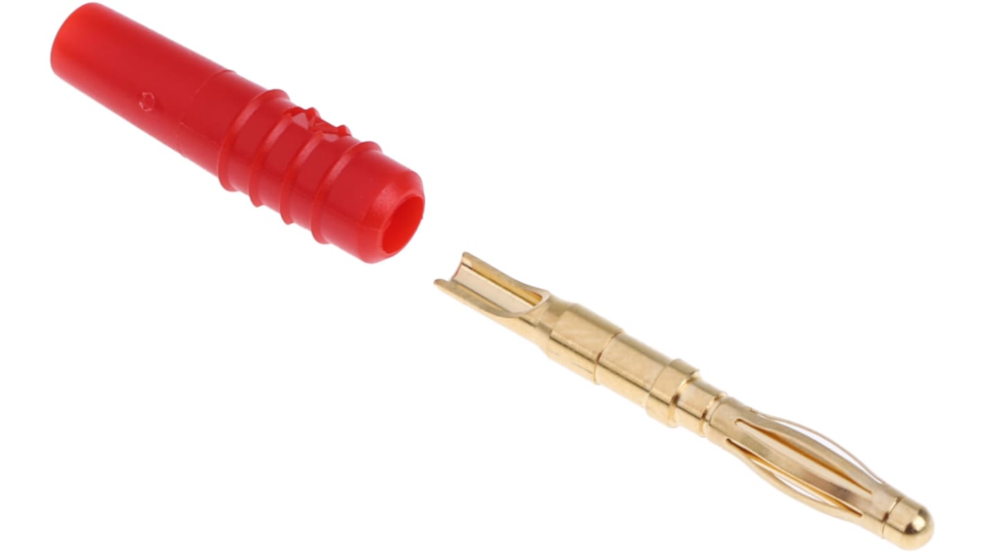 Stäubli 2mm Bananenstecker Rot, Kontakt vergoldet, 30 V, 60V dc / 10A, Lötanschluss