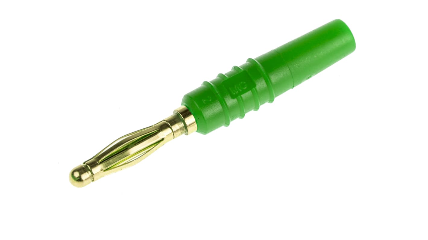 Staubli Green Male Banana Plug, 2mm Connector, Solder Termination, 10A, 30 V, 60V dc, Gold Plating