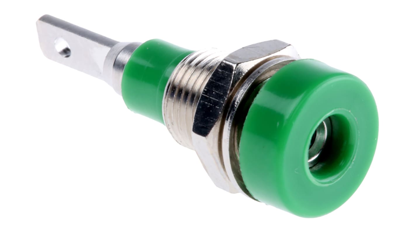 Staubli Green Female Banana Socket, 2mm Connector, Tab Termination, 10A, 30 V, 60V dc