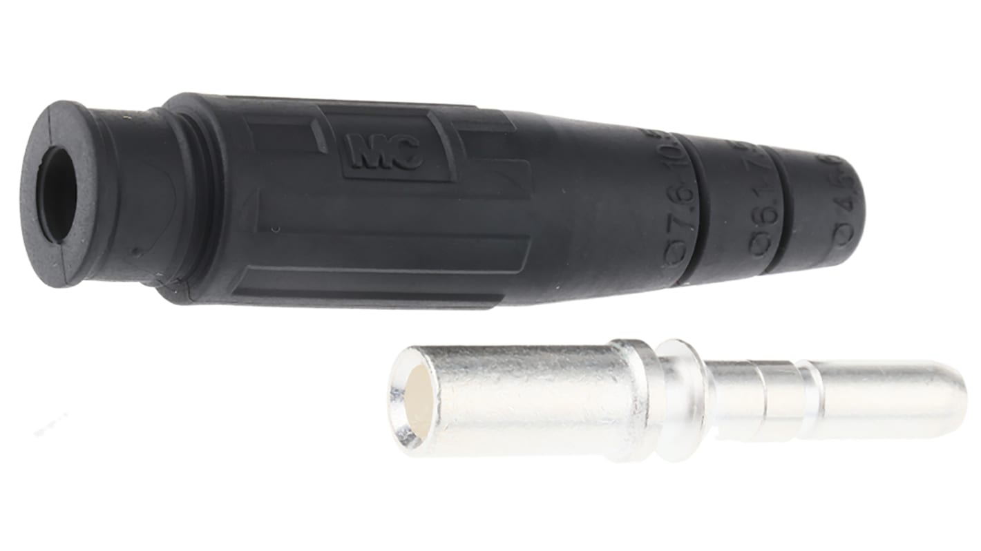 Staubli Black Male Test Plug, 6 mm Connector, Crimp Termination, 80A, 600V, Silver Plating