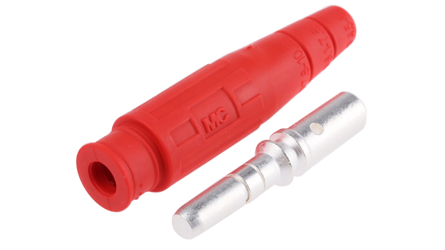 Staubli Red Male Test Plug, 6 mm Connector, Crimp Termination, 80A, 600V, Silver Plating