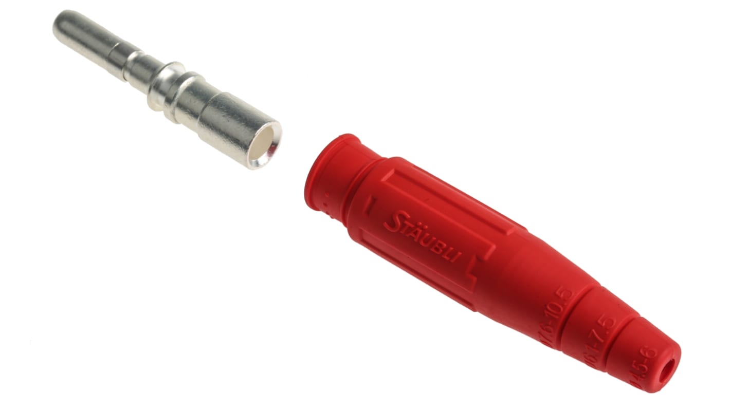 Staubli Red Male Test Plug, 6 mm Connector, Crimp Termination, 100A, 600V, Silver Plating