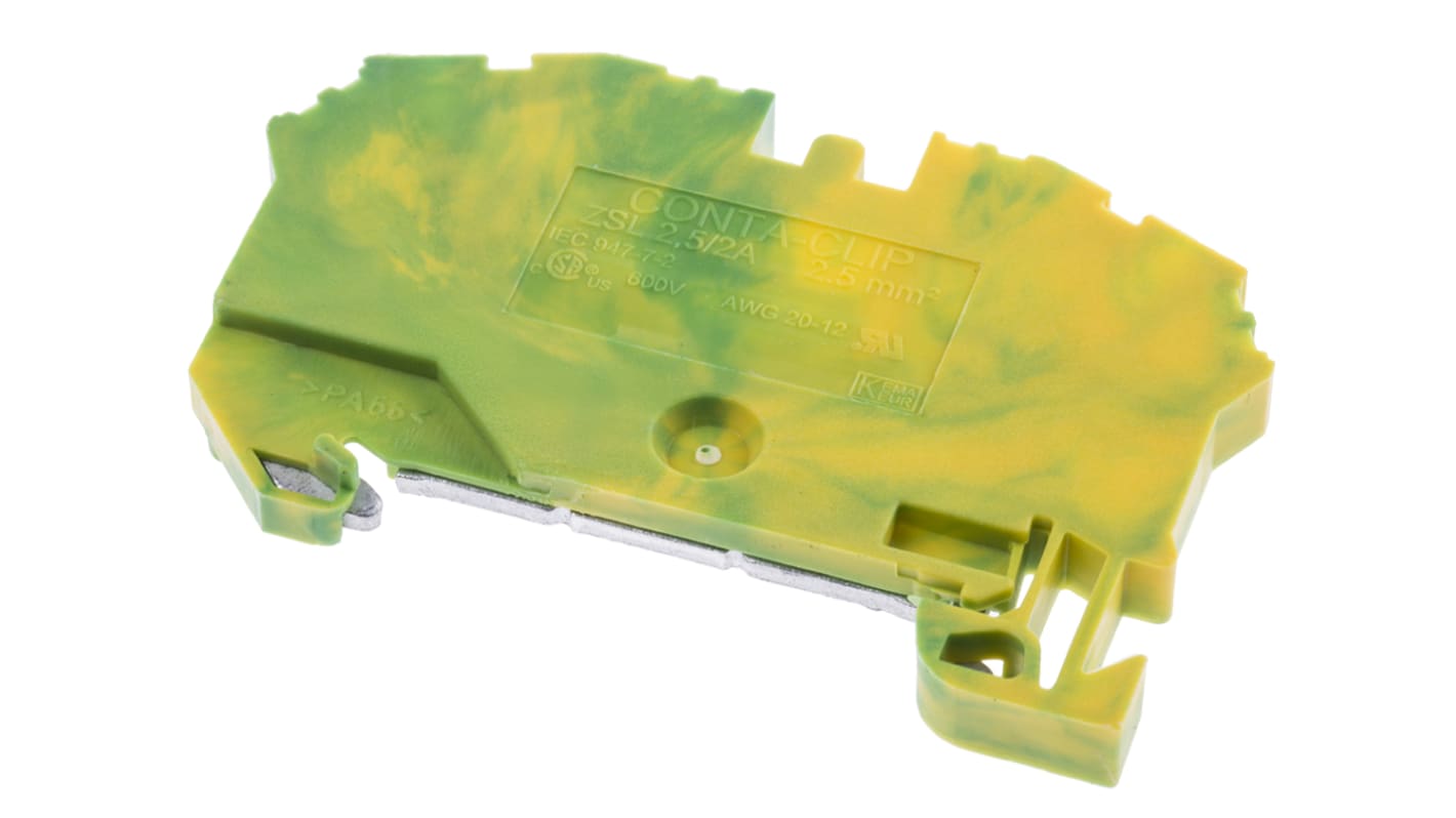 Bloc de jonction rail DIN RS PRO, 2.5mm², Fixation à ressort, Vert/Jaune