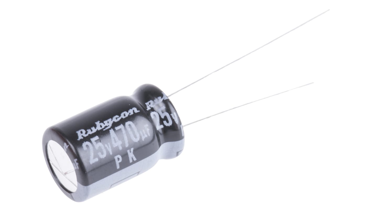 Kondenzátor, řada: PK 470μF ±20% 25V dc, Radiální, Průchozí otvor Hliníkové elektrolytické Rubycon