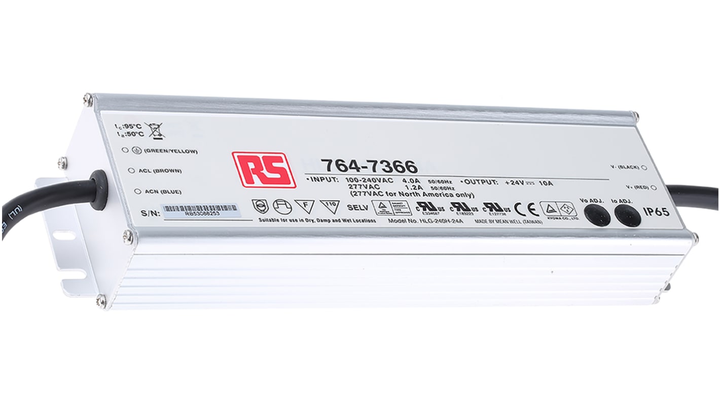 Driver LED tensión constante MEAN WELL, IN: 127 → 431 V dc, 90 → 305 V ac, OUT: 24V, 5 → 10A,