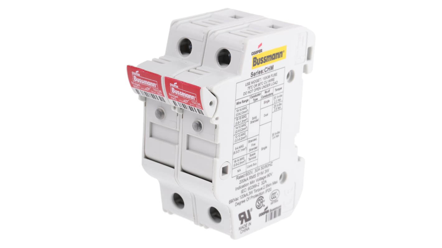 Eaton Sicherungshalter für Hutschienenmontage für 10 x 38mm Sicherungen 32A 690V ac, Serie Eaton Bussman 2P-polig