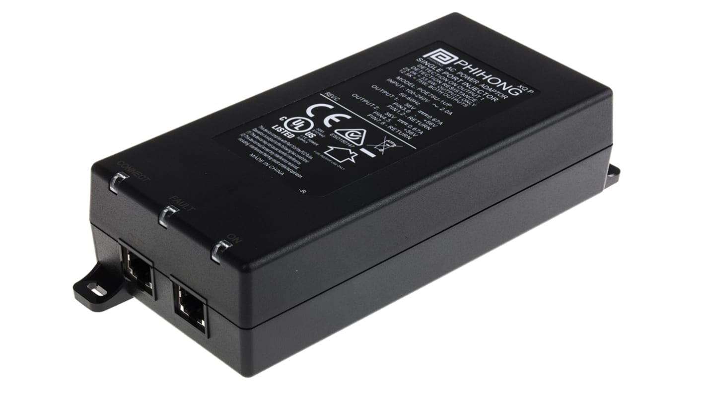 Phihong Single Port POE Injector, 90 → 264V ac Input, 56V dc Output, 670mA, 75W