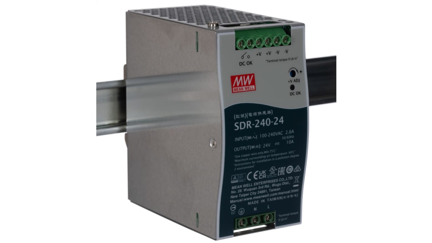 SDR-240-24 | Mean Well SDR Switch Mode DIN Rail Power Supply, 88 → 264V ...