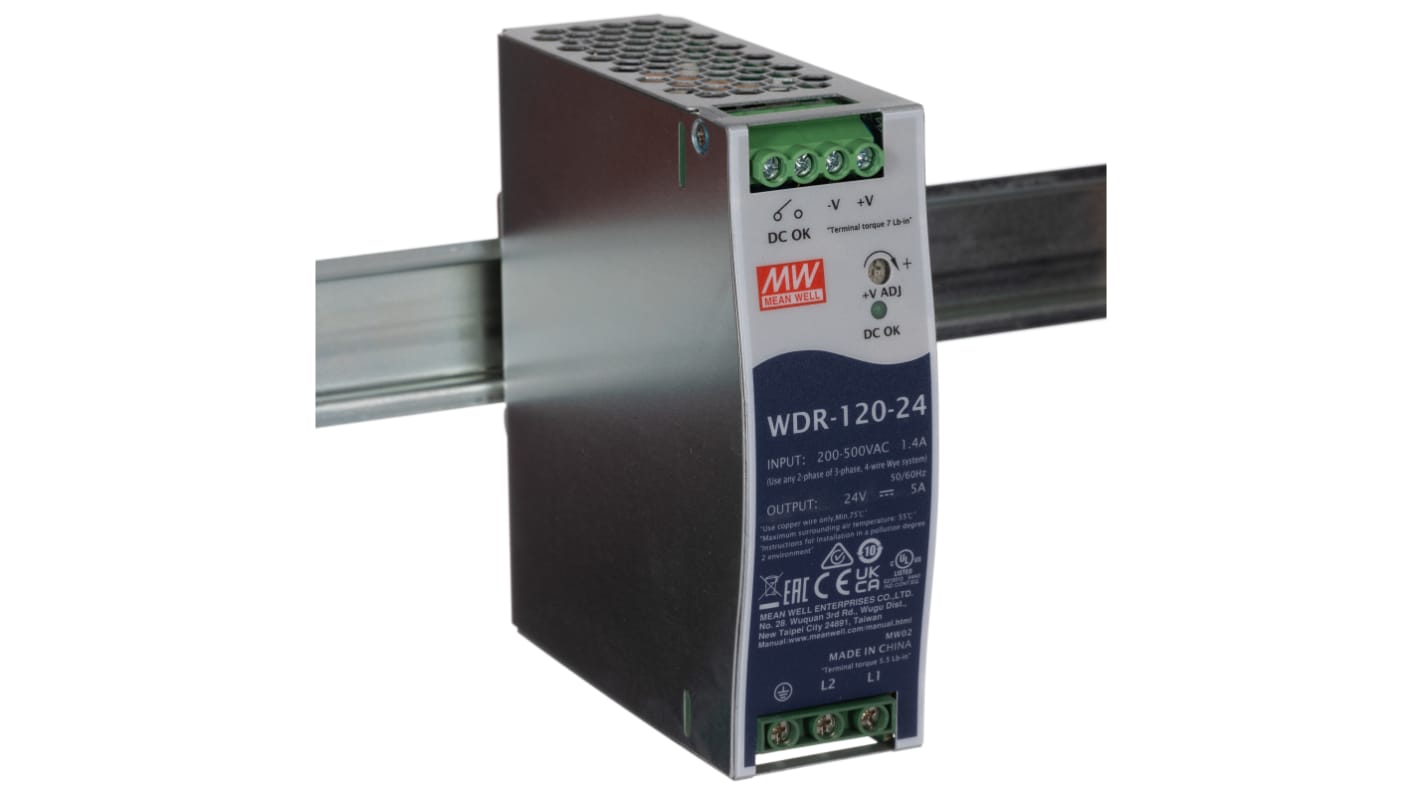 MEAN WELL WDR Switch Mode DIN Rail Power Supply, 180 → 550V ac ac Input, 24V dc dc Output, 5A Output, 120W