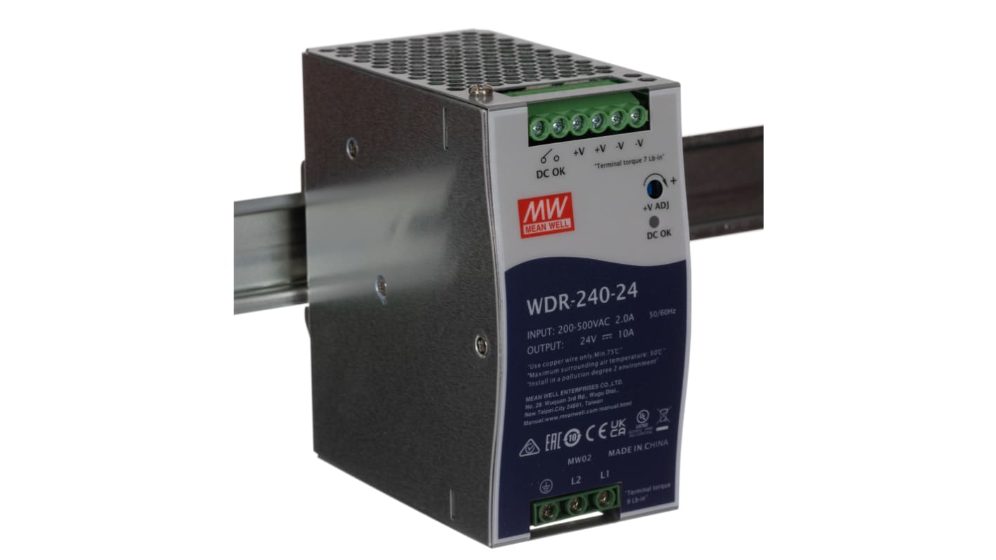 Alimentation pour rail DIN MEAN WELL, série WDR, 24V c.c.out 10A, 180 → 550V c.a.in, 240W