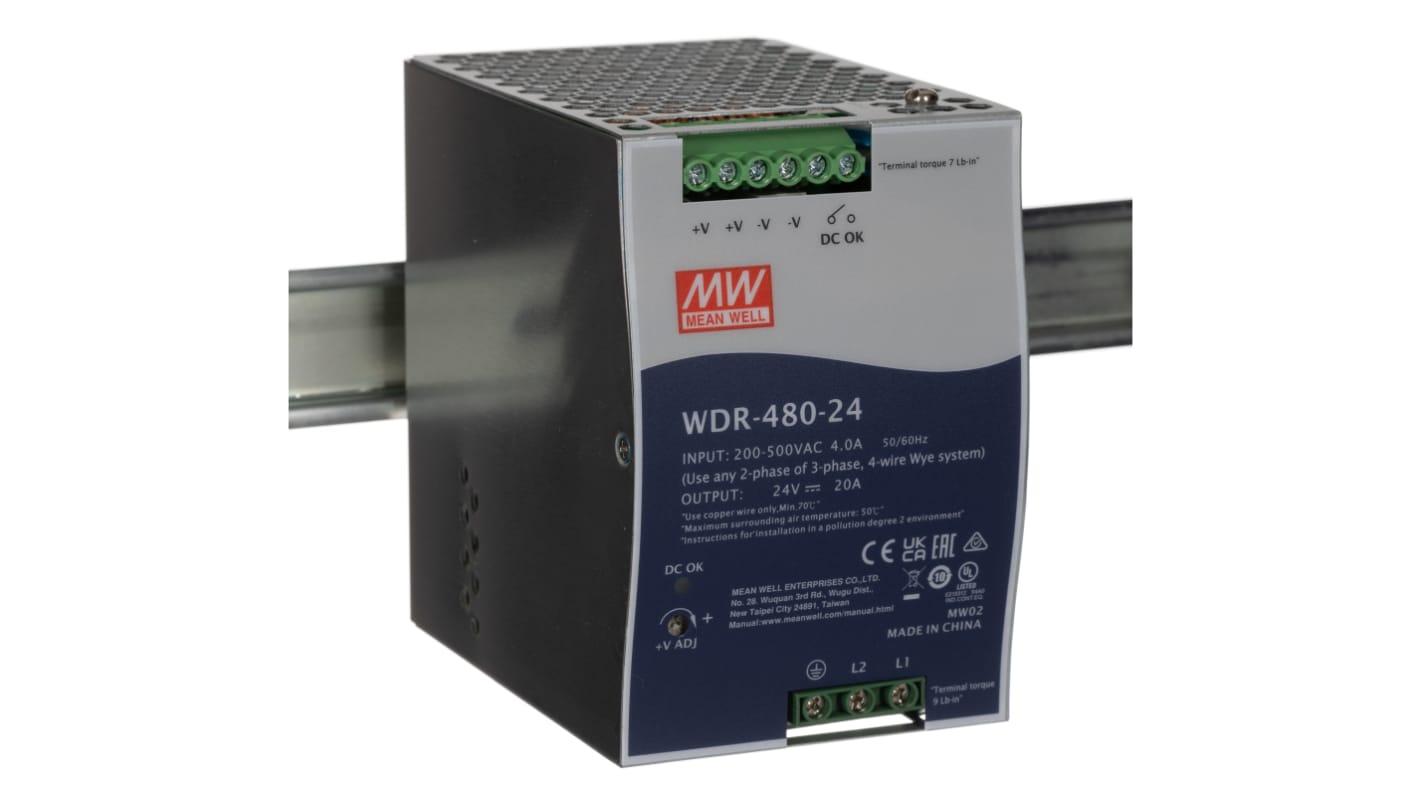 Alimentatore a montaggio su guida DIN MEAN WELL, 24V cc, 20A, 180 → 550V ca, 480W