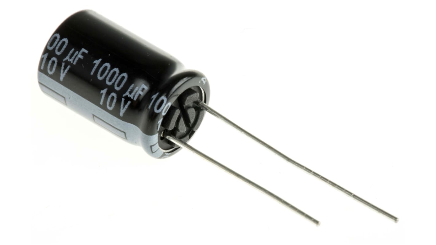 Condensador electrolítico Panasonic serie FR, 1000μF, ±20%, 10V dc, Radial, Orificio pasante, 10 (Dia.) x 16mm, paso 5mm