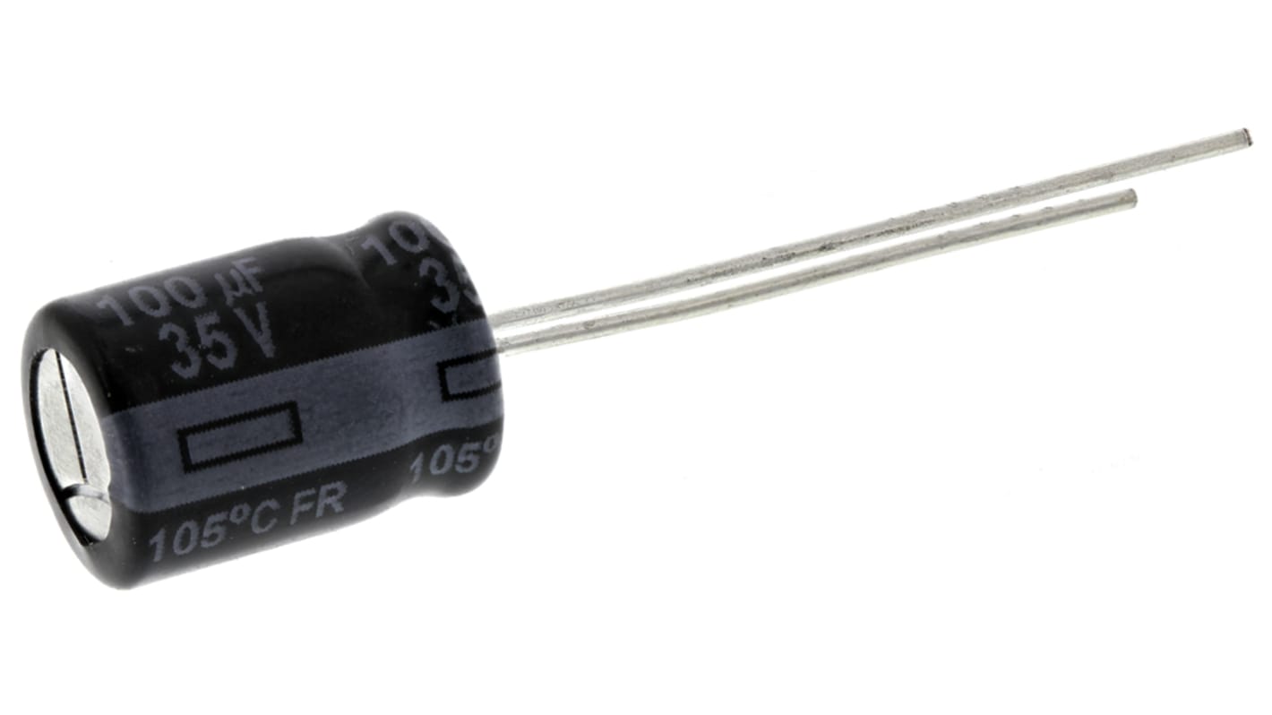 Condensador electrolítico Panasonic serie FR, 100μF, ±20%, 35V dc, Radial, Orificio pasante, 8 x 11.5mm, paso 3.5mm