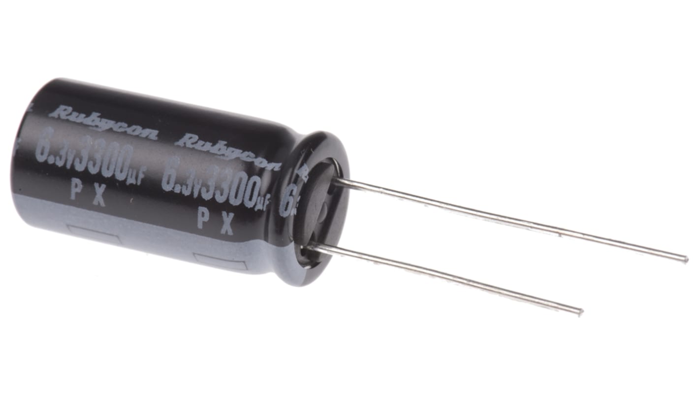 Condensador electrolítico Rubycon serie PX, 3300μF, ±20%, 6.3V dc, Radial, Orificio pasante, 10 (Dia.) x 20mm, paso 5mm