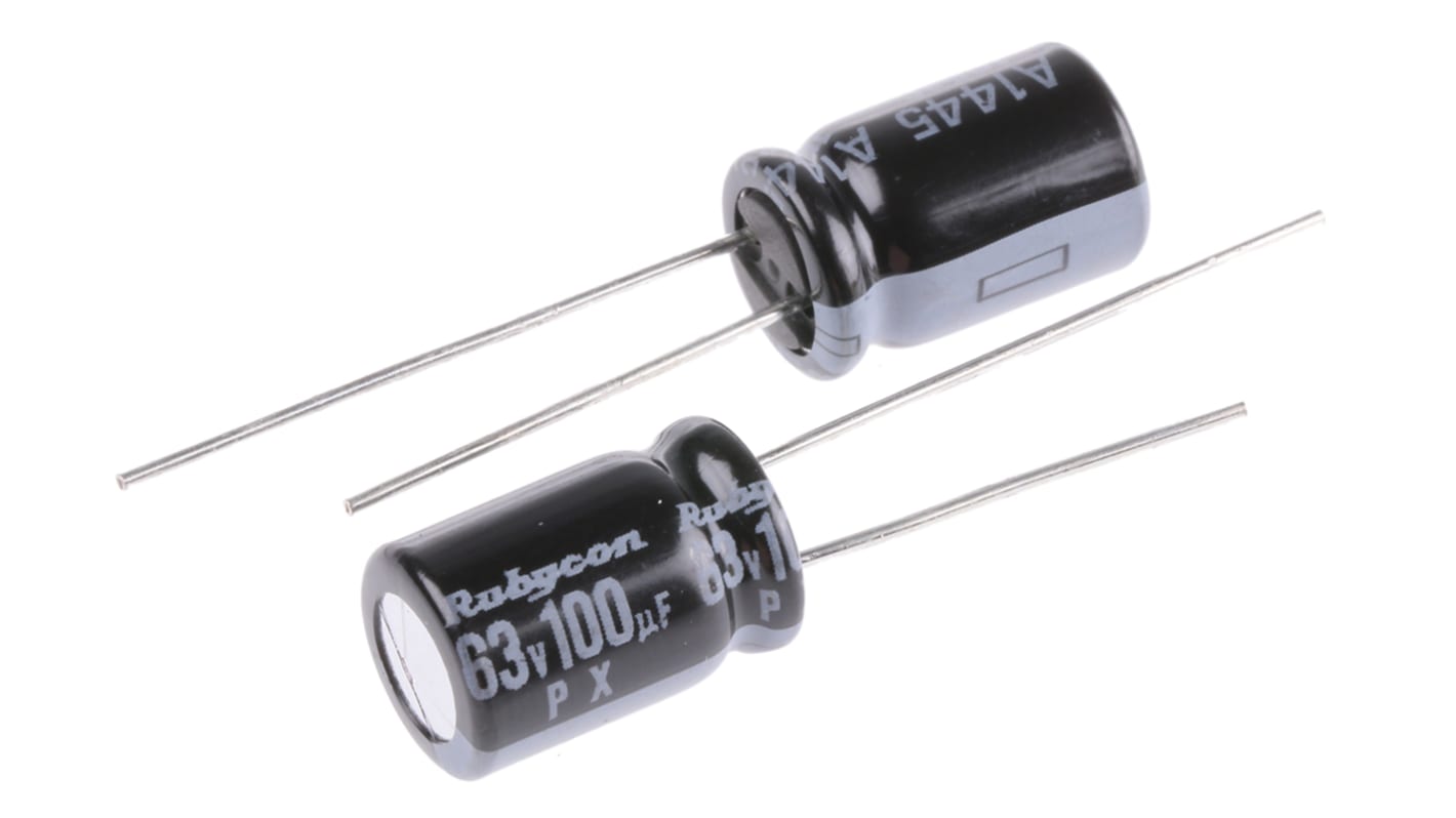Condensador electrolítico Rubycon serie PX, 100μF, ±20%, 63V dc, Radial, Orificio pasante, 8 x 11.5mm, paso 3.5mm