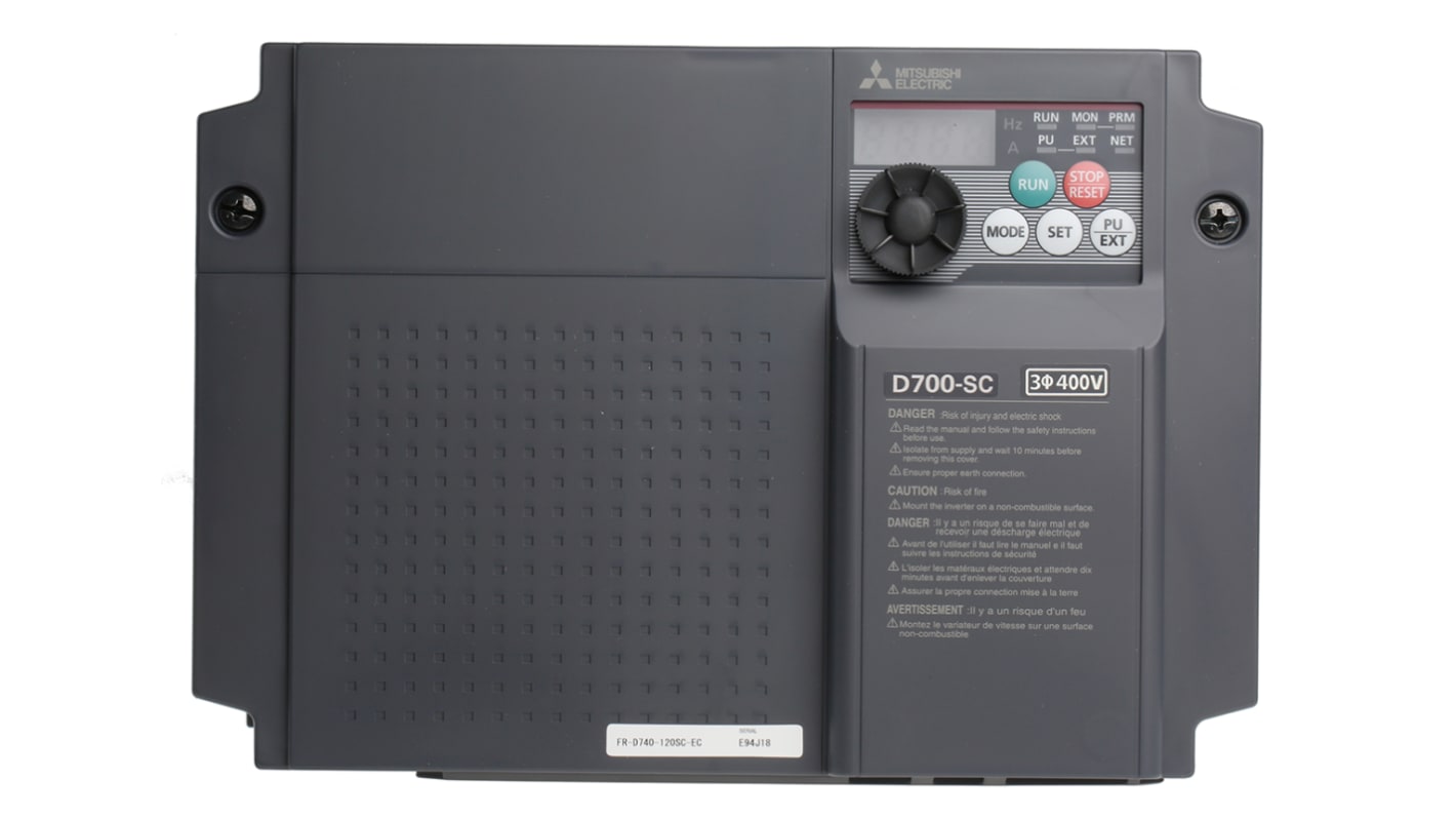 Variador de frecuencia Mitsubishi serie FR-D740, 5,5 kW, 400 V ac, 3 fases, 12 A, 0.2 → 400Hz, IP20, ModBus