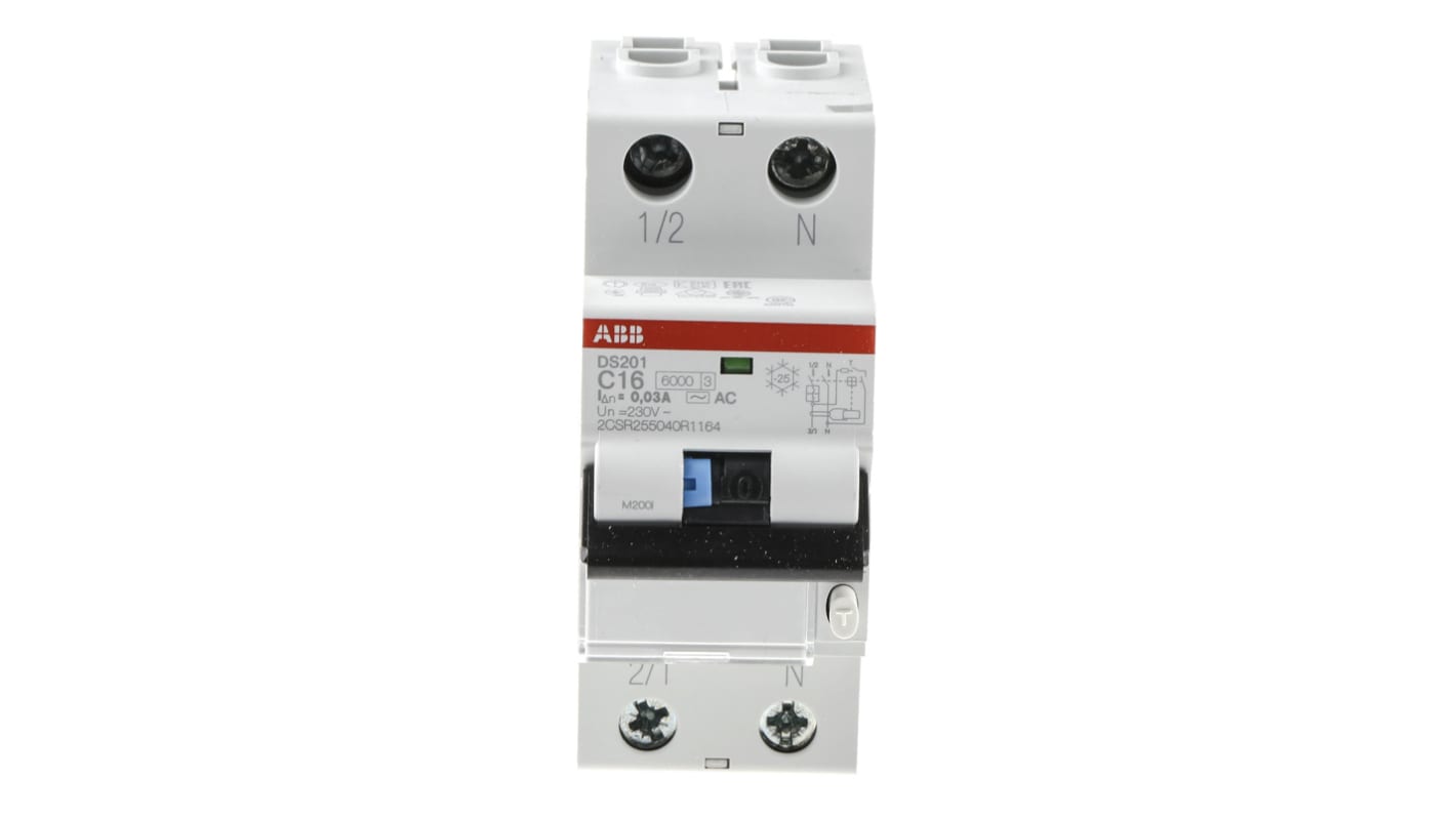 ABB System Pro M Compact DS201 FI/LS-Schalter 16A, 1+N-polig Typ C, Empfindlichkeit 30mA, DIN-Hutschiene