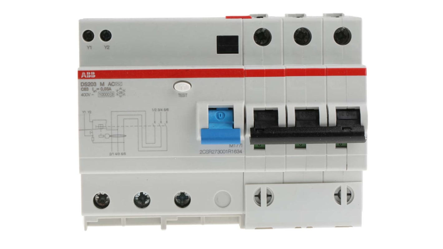 Disjoncteur différentiel magnéto-thermique ABB 63A 3P, sensibilité 30mA, Montage rail DIN, DS203