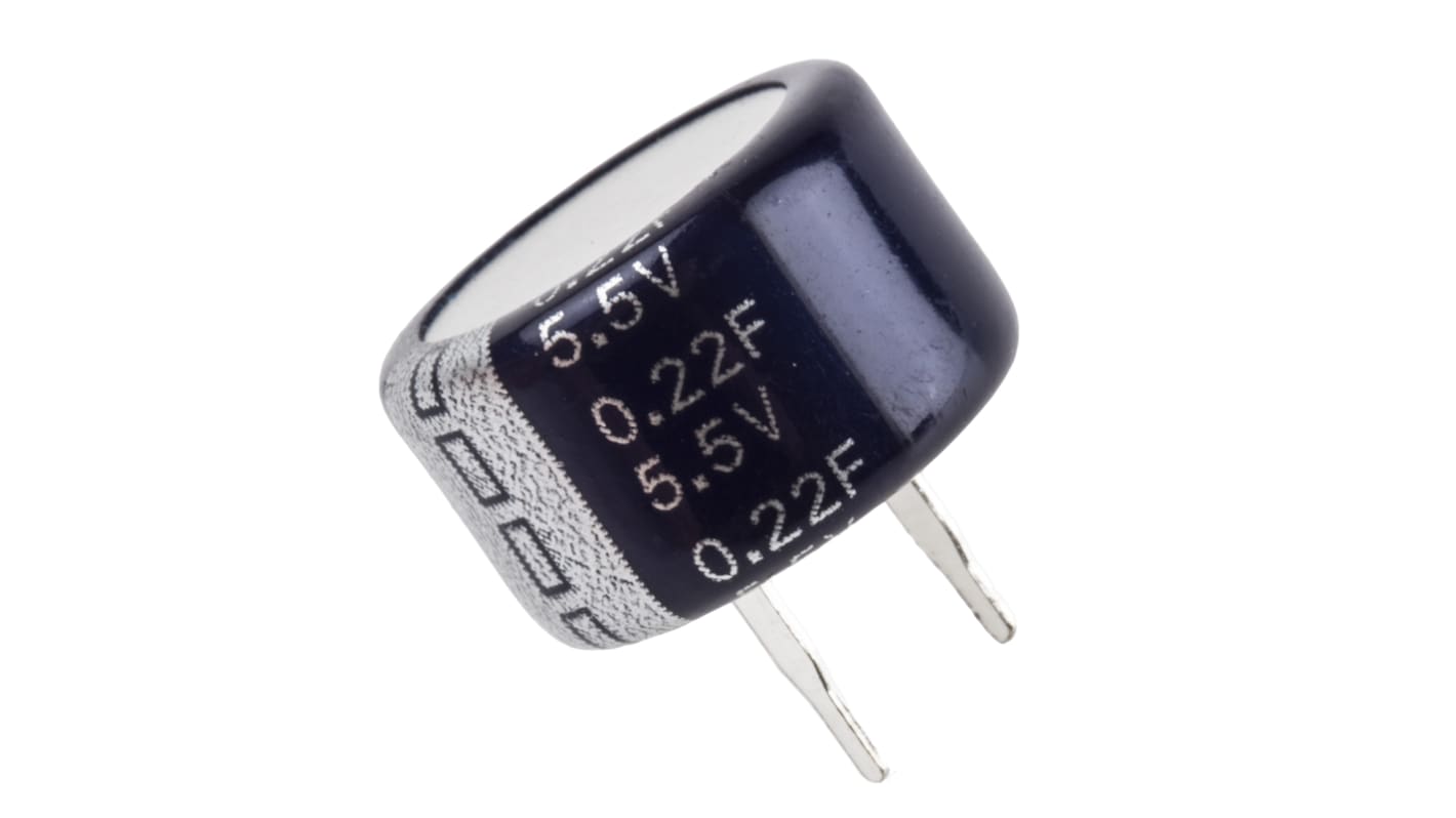 Supercondensateur, 0.22F, 5.5V c.c., Traversant, 13.5 x 8.3mm, pas de 5mm, -40 °C → +85 °C.