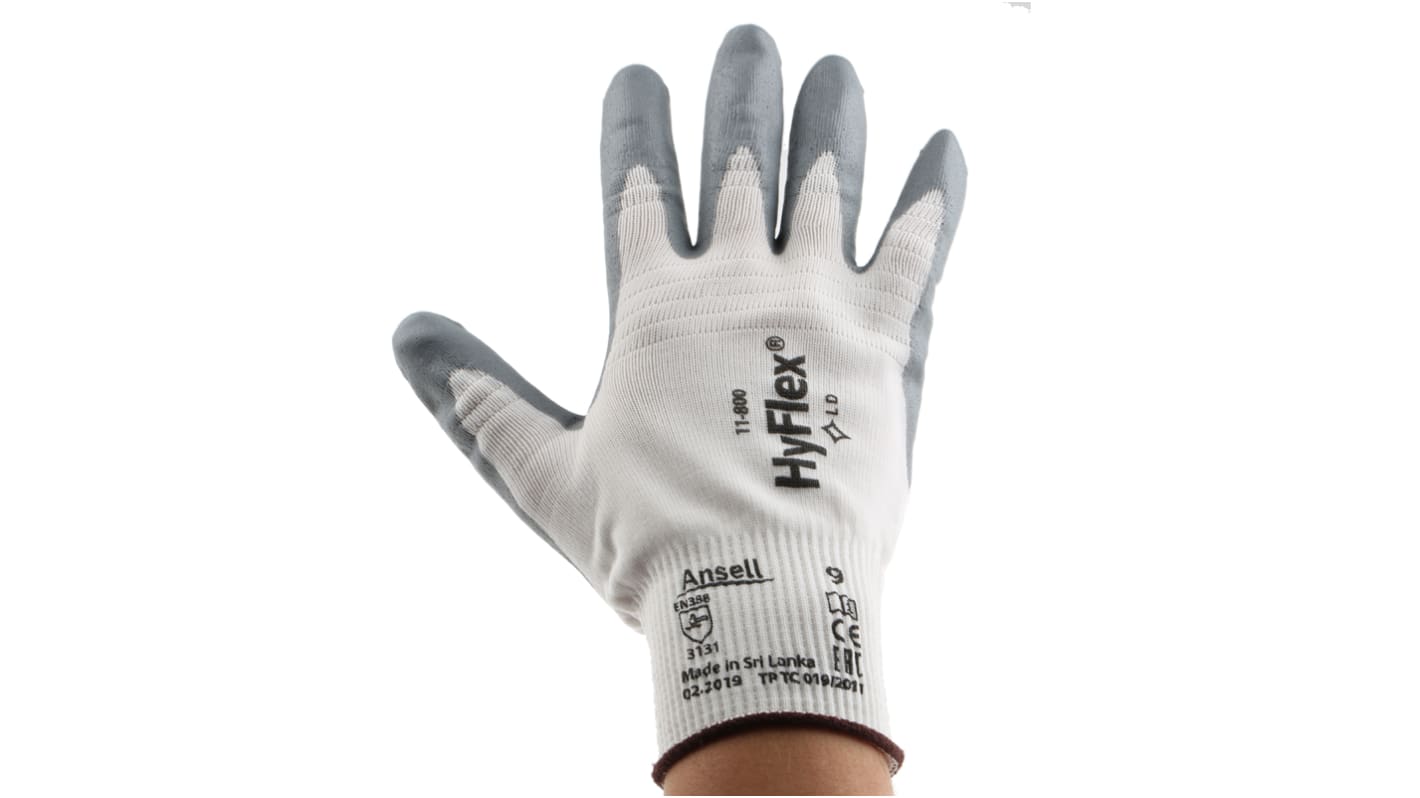 11800090 Ansell HyFlex 11800 White Nylon Mechanic Work Gloves, Size