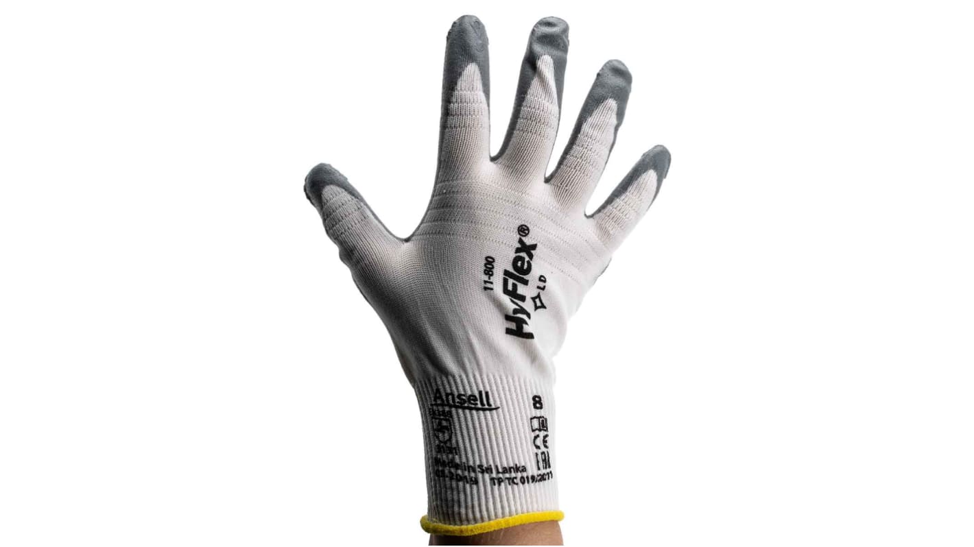 Ansell Hyflex Grey Nylon Mechanic Work Gloves, Size 8, Medium, Nitrile Coating