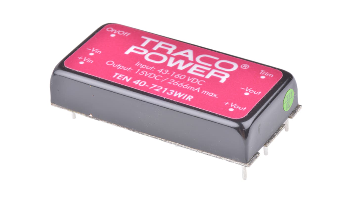 TRACOPOWER TEN 40WIR DC-DC Converter, 15V dc/ 2.67A Output, 43 → 160 V dc Input, 40W, Through Hole, +85°C Max