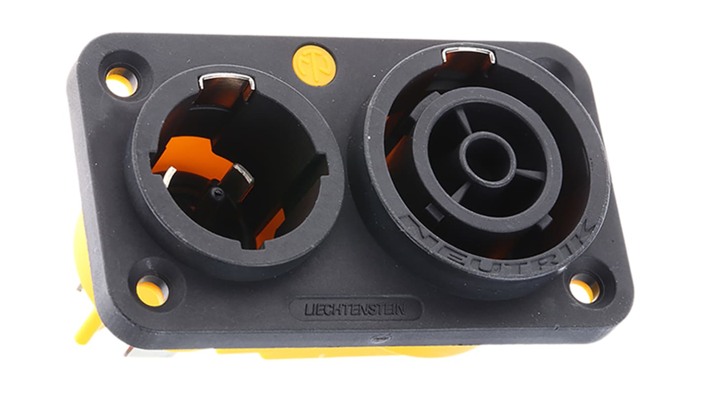 Neutrik Black, Yellow Chassis Mount 2P+E Mains Connector Plug, Rated At 20A, 250 V ac