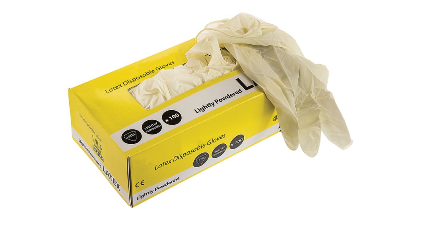 RS PRO Natural Colour Powdered Latex Disposable Gloves, Size 8.5, Large, 100 per Pack