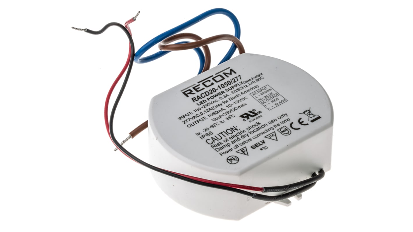 Recom LED Driver, 10.8 → 19V dc Output, 20W Output, 1.05A Output, Constant Current