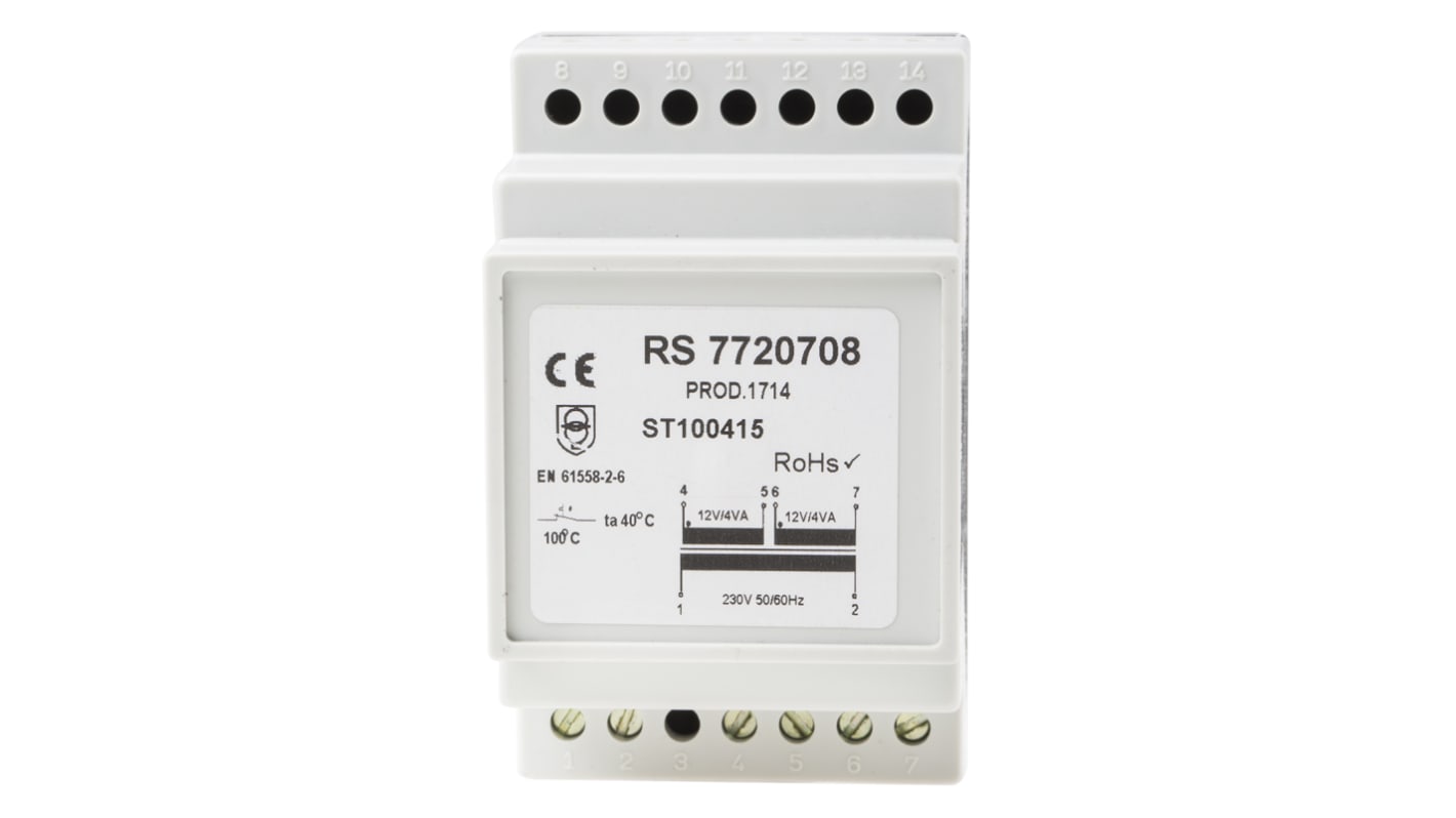 RS PRO 8VA DIN Rail Transformer, 230V ac Primary, 12V ac Secondary