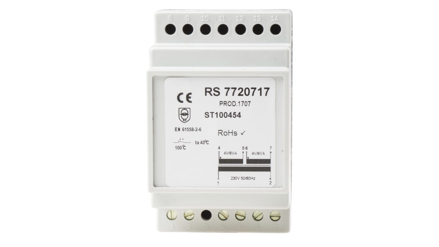 RS PRO 16VA DIN Rail Transformer, 230V ac Primary, 4V ac Secondary