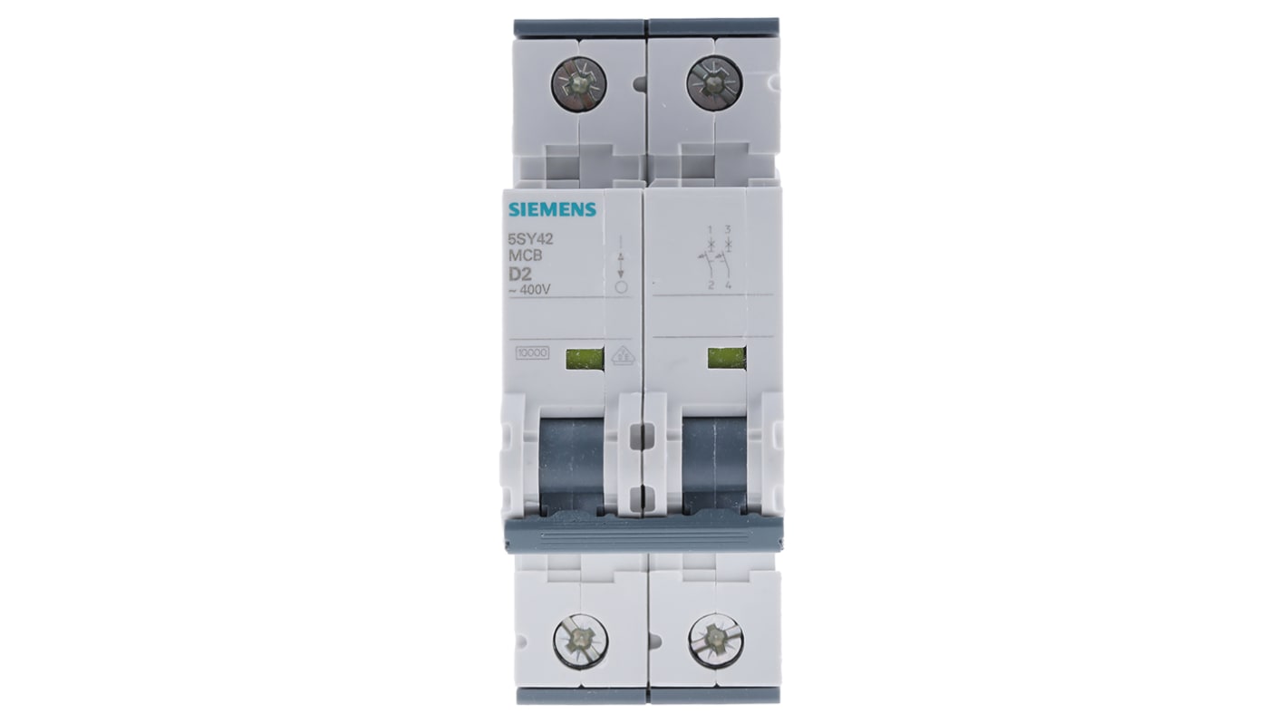 Siemens Sentron 5SY4 MCB, 2P, 2A Curve D, 400V AC, 10 kA Breaking Capacity