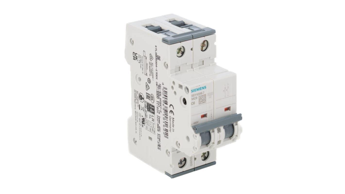 Siemens Sentron 5SY4 MCB, 2P, 6A Curve C, 400V AC, 10 kA Breaking Capacity