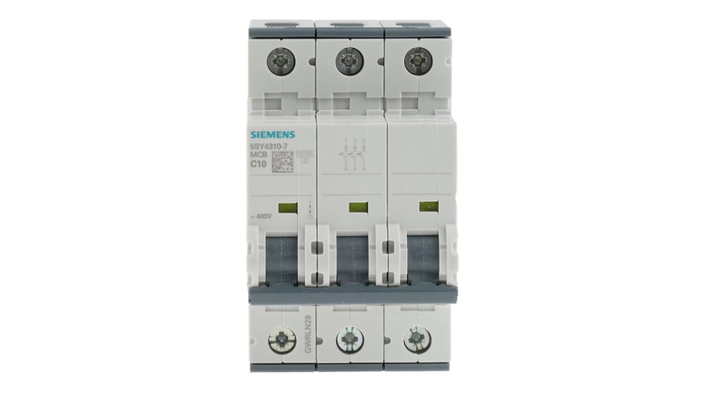 Disjoncteur Siemens 5SY4 3P, 10A, pouvoir de coupure 10 kA, montage rail DIN