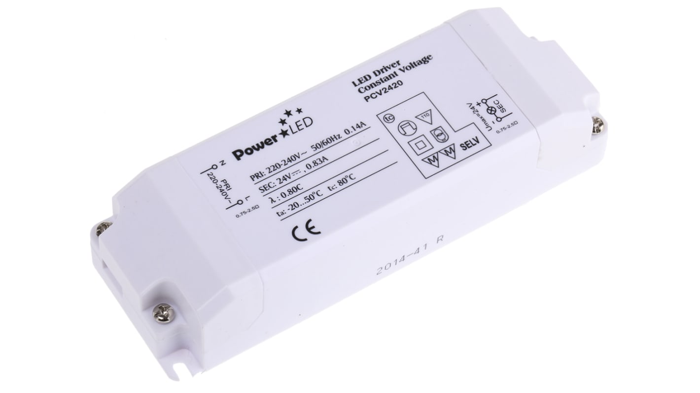 Driver LED tensión constante PowerLED, IN: 220 → 240 V ac, OUT: 24V, corriente variablemA, 20W