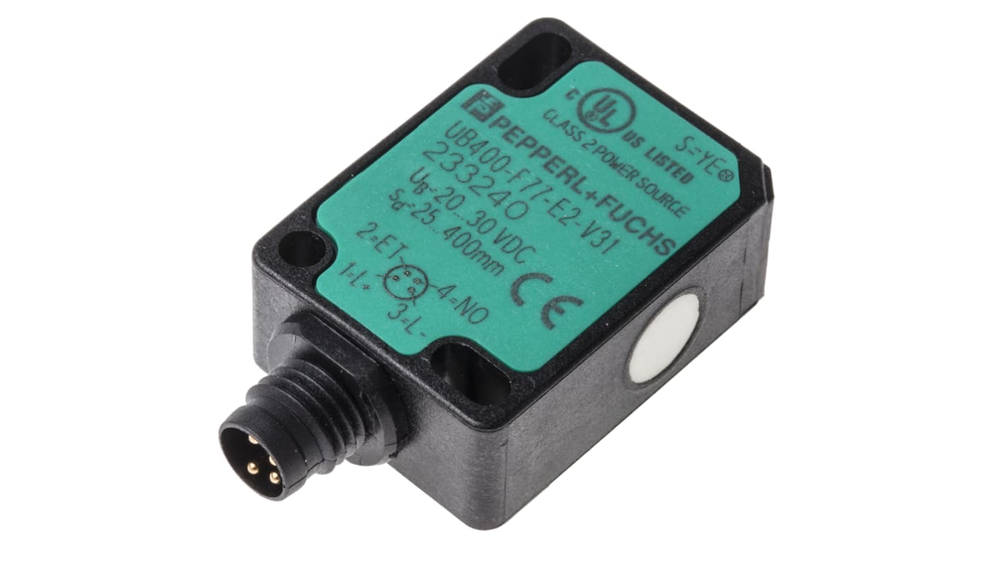 Pepperl + Fuchs Ultrasonic Block-Style Proximity Sensor, M8 x 1, 25 → 400 mm Detection, PNP Output, 20 →