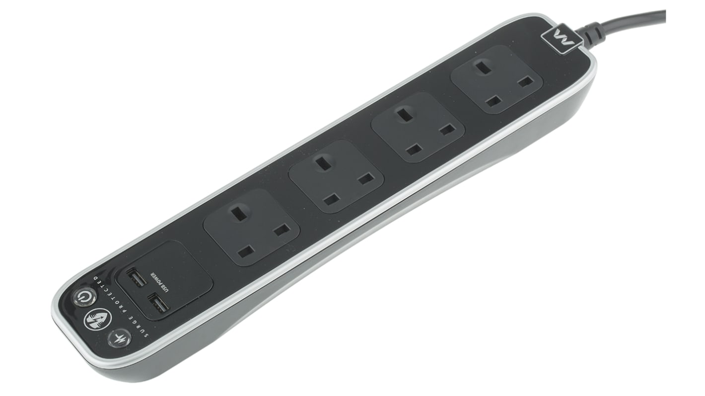 Type G - British, USB 6 Gang Extension socket, 13A, Surge Protected