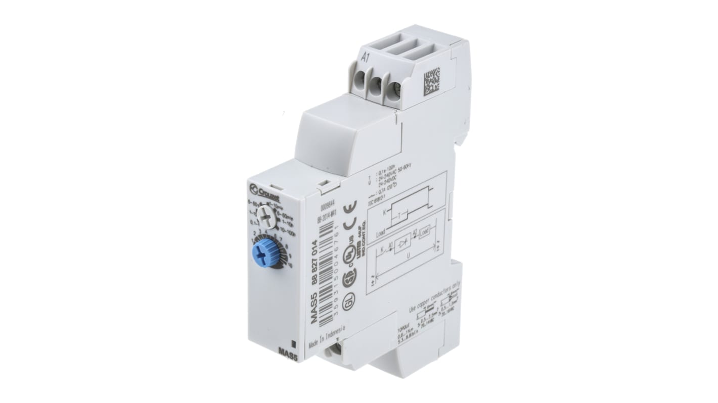 Crouzet DIN Rail Mount Timer Relay, 24 → 240V ac/dc, 1-Contact, 0.1 s → 100h, 1-Function, Solid State