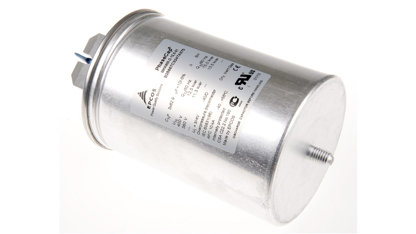 Epcos B25667C Polypropylene Film Capacitor, 400V ac, -5 → +10%, 3 x 82.9μF, Stud Mount