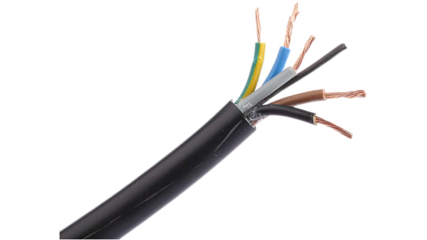 RS PRO 5 Core Power Cable, 1.5 mm², 100m, Black PVC Sheath, 3185Y, 16 A ...