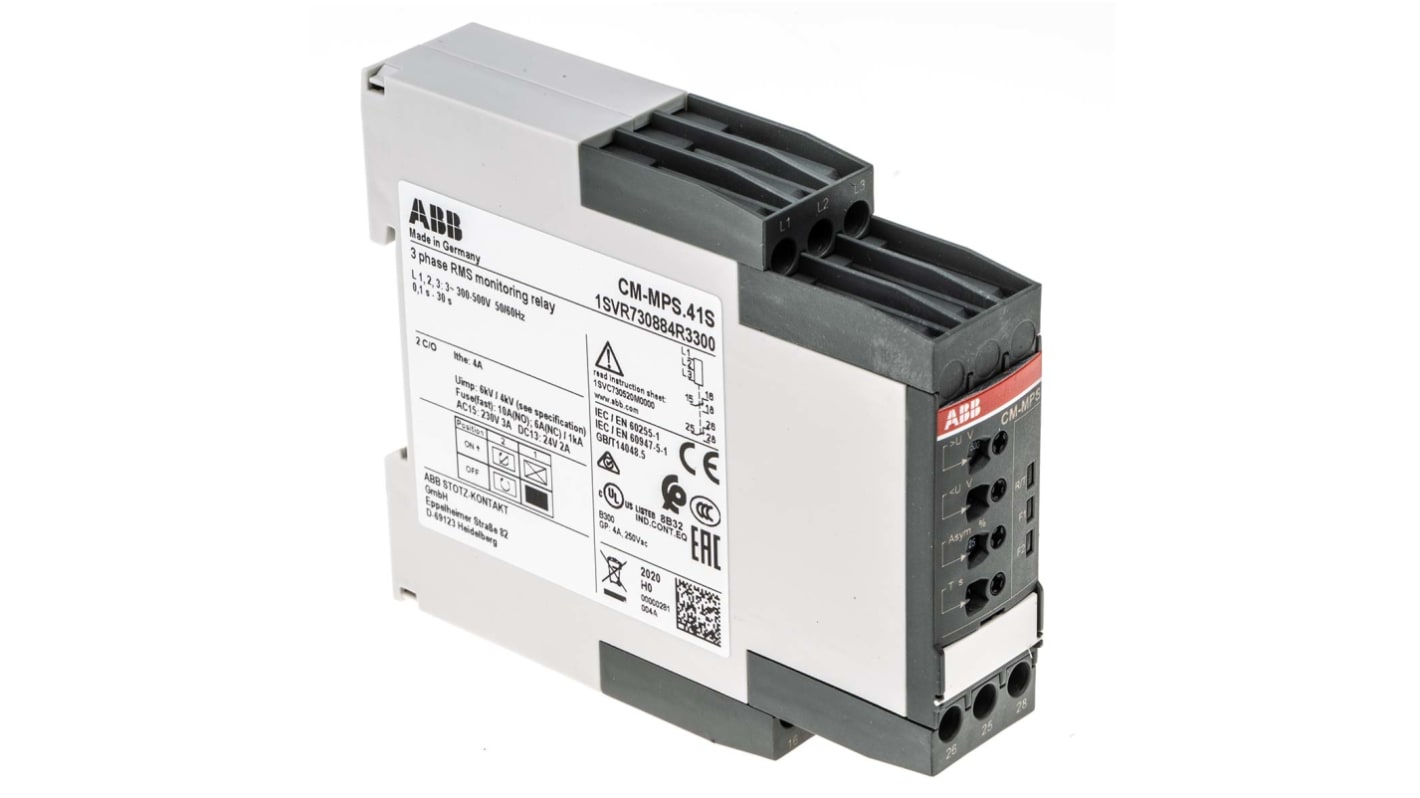 ABB Phase, Voltage Monitoring Relay, 3 Phase, DPDT, 300 → 500V ac, DIN Rail