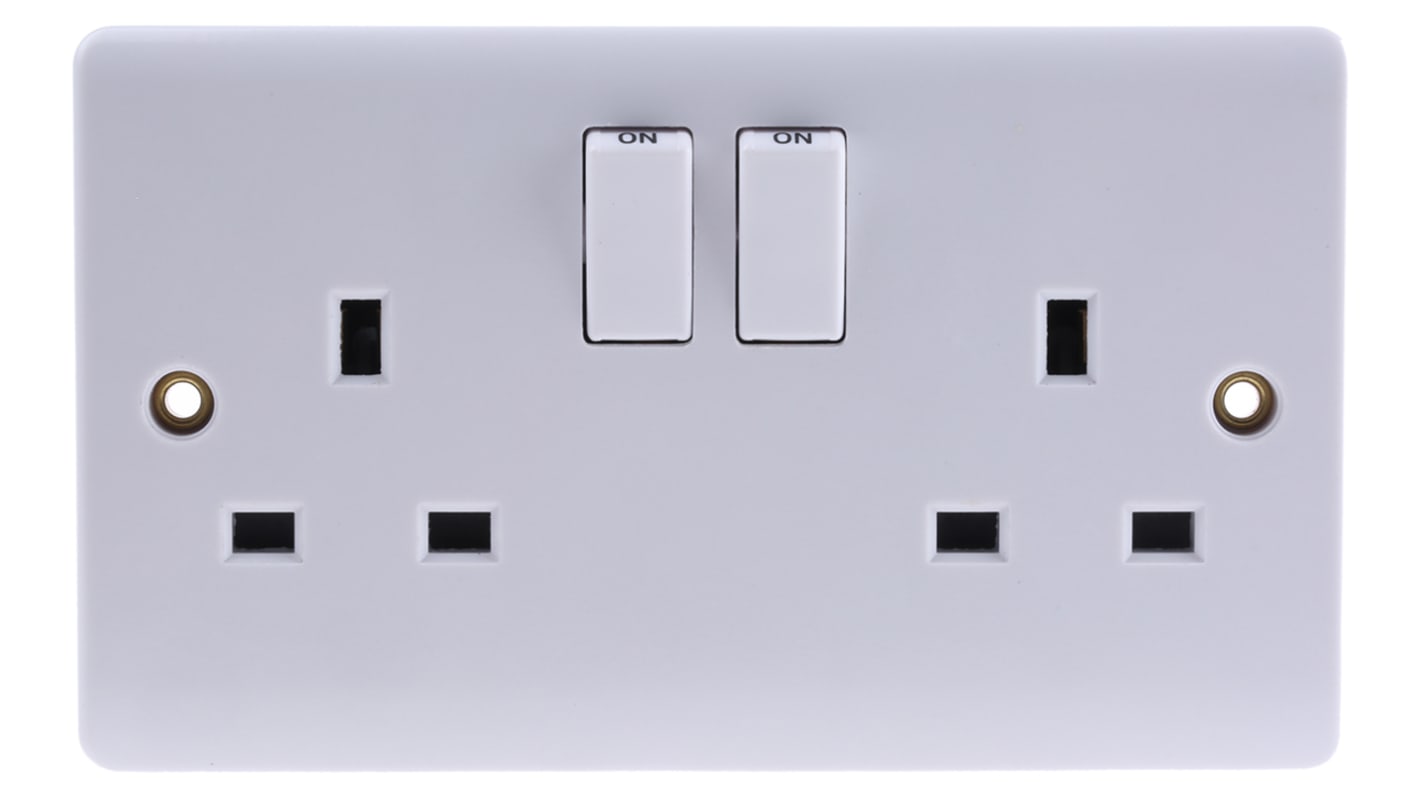 RS PRO White 2 Gang Plug Socket, 2 Poles, 13A, Type G - British, Indoor Use