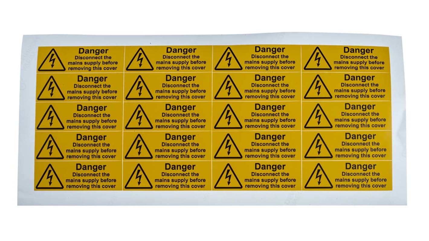 RS PRO Black/Yellow Vinyl Safety Labels, Danger Disconnect the mains supply before removing this cover-Text 20 mm x 60mm